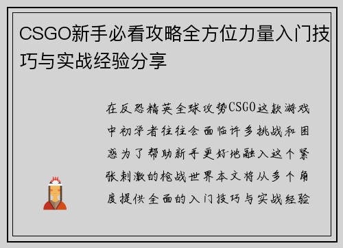 CSGO新手必看攻略全方位力量入门技巧与实战经验分享