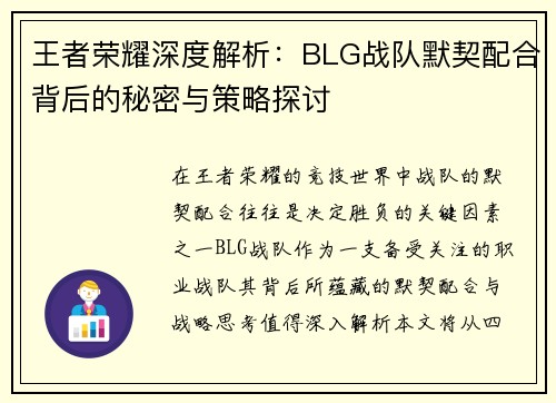 王者荣耀深度解析：BLG战队默契配合背后的秘密与策略探讨